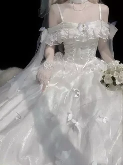 Robe Lolita blanche sans manches avec perles tenue décontractée pour tous les jours mariage Hime