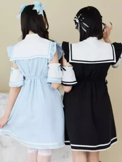 Robe Lolita à boutons en ruban sans manches avec bordure en dentelle uniforme de sous-culture