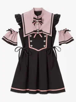 Robe Lolita à boutons en ruban sans manches avec bordure en dentelle uniforme de sous-culture