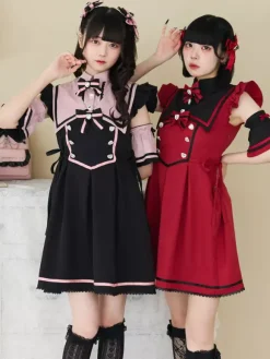 Robe Lolita à boutons en ruban sans manches avec bordure en dentelle uniforme de sous-culture
