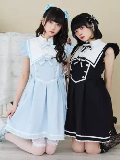 Robe Lolita à boutons en ruban sans manches avec bordure en dentelle uniforme de sous-culture