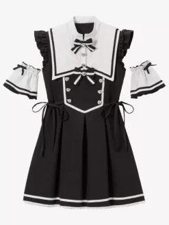 Robe Lolita à boutons en ruban sans manches avec bordure en dentelle uniforme de sous-culture