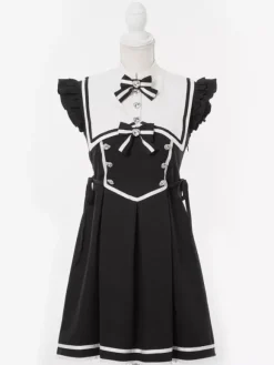 Robe Lolita à boutons en ruban sans manches avec bordure en dentelle uniforme de sous-culture