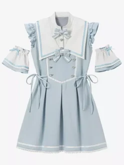 Robe Lolita à boutons en ruban sans manches avec bordure en dentelle uniforme de sous-culture
