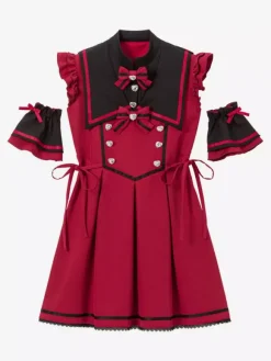 Robe Lolita à boutons en ruban sans manches avec bordure en dentelle uniforme de sous-culture