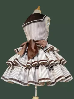 Robe Lolita Classica en polyester à volants sans manches robe Lolita à rayures marron foncé JSK