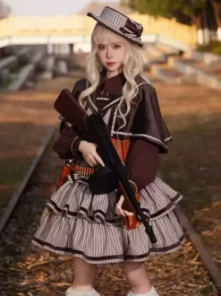 Robe Lolita Classica en polyester à volants sans manches robe Lolita à rayures marron foncé JSK