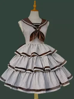 Robe Lolita Classica en polyester à volants sans manches robe Lolita à rayures marron foncé JSK