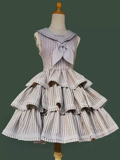 Robe Lolita Classica en polyester à volants sans manches robe Lolita à rayures marron foncé JSK