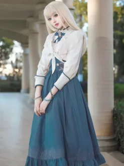 Robe Lolita classique bleu marine foncé en polyester à lacets et manches longues. Ensemble de robes Lolita
