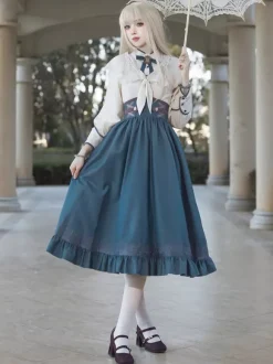 Robe Lolita classique bleu marine foncé en polyester à lacets et manches longues. Ensemble de robes Lolita