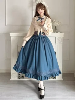 Robe Lolita classique bleu marine foncé en polyester à lacets et manches longues. Ensemble de robes Lolita