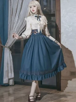 Robe Lolita classique bleu marine foncé en polyester à lacets et manches longues. Ensemble de robes Lolita