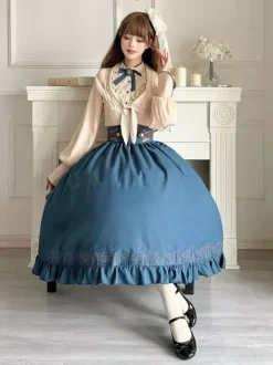 Robe Lolita classique bleu marine foncé en polyester à lacets et manches longues. Ensemble de robes Lolita