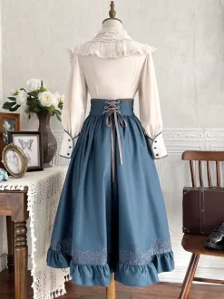 Robe Lolita classique bleu marine foncé en polyester à lacets et manches longues. Ensemble de robes Lolita