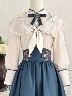 Robe Lolita classique bleu marine foncé en polyester à lacets et manches longues. Ensemble de robes Lolita