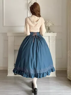 Robe Lolita classique bleu marine foncé en polyester à lacets et manches longues. Ensemble de robes Lolita