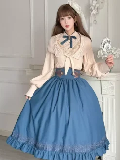 Robe Lolita classique bleu marine foncé en polyester à lacets et manches longues. Ensemble de robes Lolita