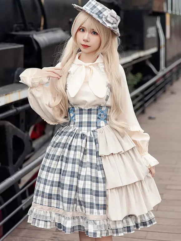 Robe Lolita classique en coton à volants sans manches à carreaux bleu ciel clair