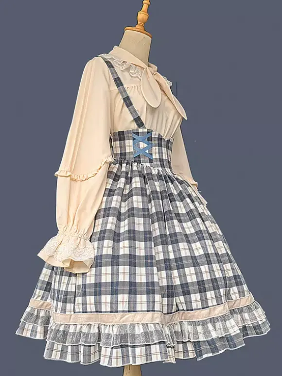 Robe Lolita classique en coton à volants sans manches à carreaux bleu ciel clair