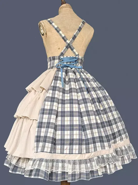 Robe Lolita classique en coton à volants sans manches à carreaux bleu ciel clair