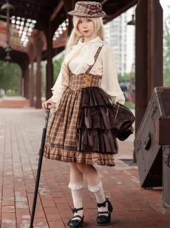 Robe Lolita classique en coton à volants sans manches à carreaux bleu ciel clair