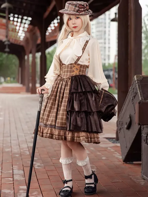 Robe Lolita classique en coton à volants sans manches à carreaux bleu ciel clair