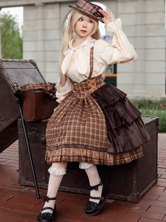 Robe Lolita classique en coton à volants sans manches à carreaux bleu ciel clair