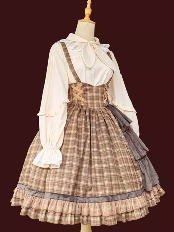 Robe Lolita classique en coton à volants sans manches à carreaux bleu ciel clair