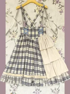 Robe Lolita classique en coton à volants sans manches à carreaux bleu ciel clair