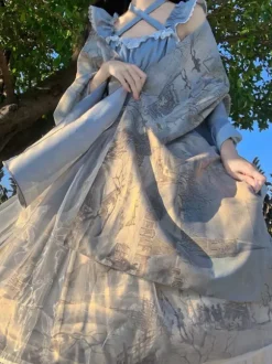 Robe Lolita classique en mousseline de soie volants sans manches imprimé floral bleu classique