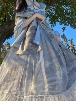 Robe Lolita classique en mousseline de soie volants sans manches imprimé floral bleu classique