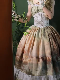 Robe Lolita classique en mousseline de soie volants sans manches imprimé floral bleu classique