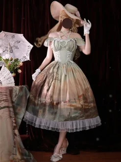 Robe Lolita classique en mousseline de soie volants sans manches imprimé floral bleu classique