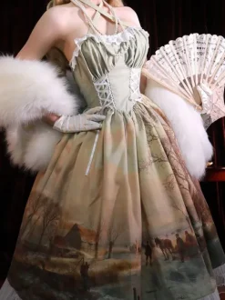Robe Lolita classique en mousseline de soie volants sans manches imprimé floral bleu classique