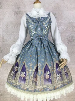 Robe Lolita classique en polyester sans manches n艙uds cyan classiques à volants tenue décontractée quotidienne pour le thé