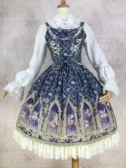 Robe Lolita classique en polyester sans manches n艙uds cyan classiques à volants tenue décontractée quotidienne pour le thé