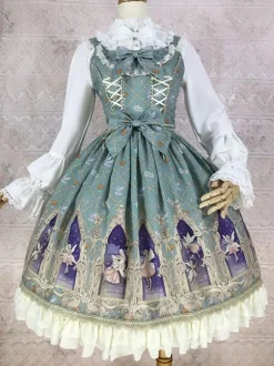 Robe Lolita classique en polyester sans manches n艙uds cyan classiques à volants tenue décontractée quotidienne pour le thé