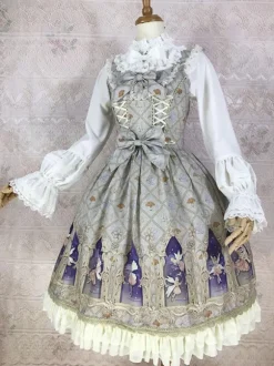 Robe Lolita classique en polyester sans manches n艙uds cyan classiques à volants tenue décontractée quotidienne pour le thé