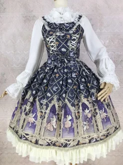 Robe Lolita classique en polyester sans manches n艙uds cyan classiques à volants tenue décontractée quotidienne pour le thé