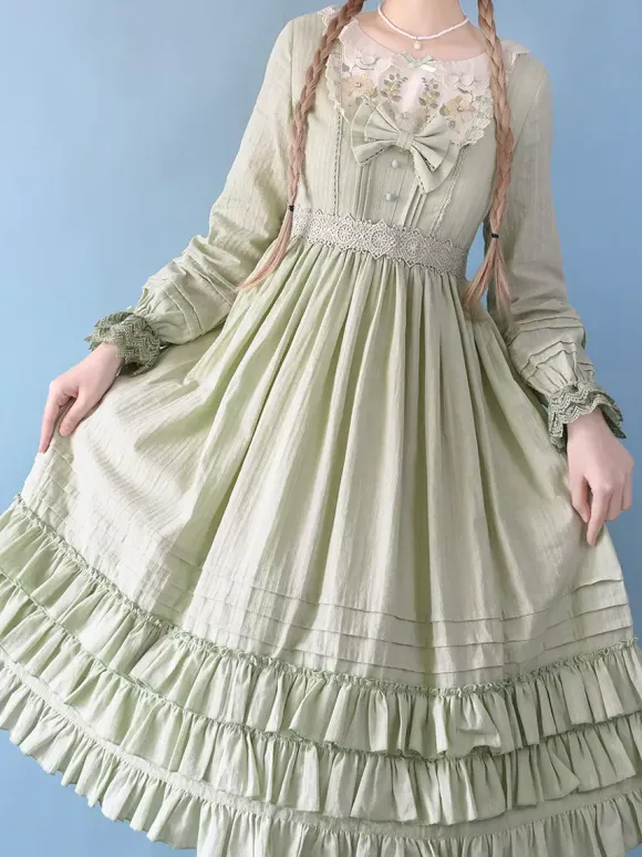 Robe Lolita classique en polyester manches longues vert prairie