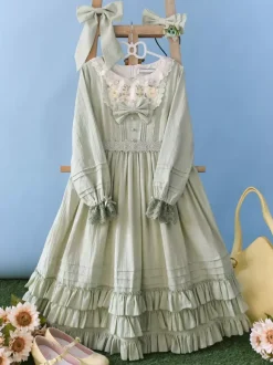 Robe Lolita classique en polyester manches longues vert prairie