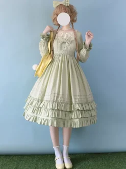 Robe Lolita classique en polyester manches longues vert prairie