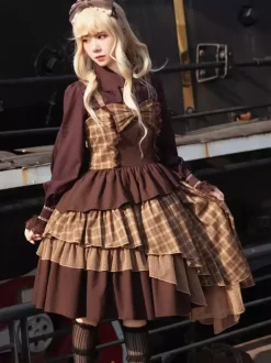 Robe Lolita classique en polyester et dentelle sans manches marron clair
