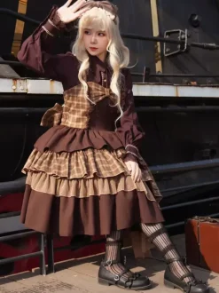 Robe Lolita classique en polyester et dentelle sans manches marron clair