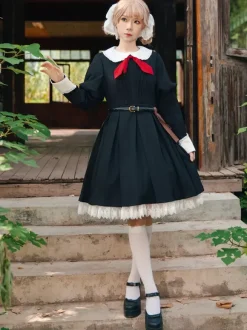 Robe Lolita classique en polyester nouée à manches longues noire classique