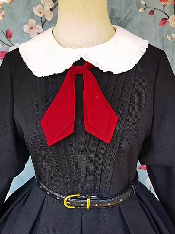 Robe Lolita classique en polyester nouée à manches longues noire classique