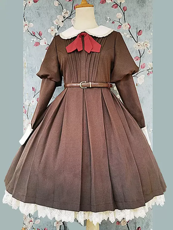 Robe Lolita classique en polyester nouée à manches longues noire classique