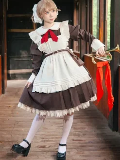 Robe Lolita classique en polyester nouée à manches longues noire classique