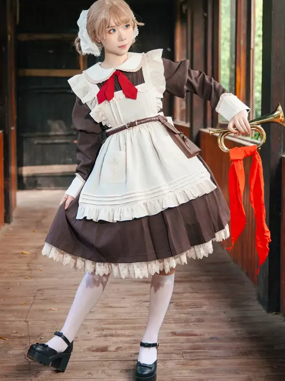 Robe Lolita classique en polyester nouée à manches longues noire classique